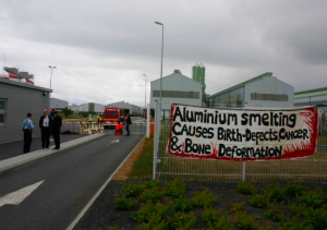 Banner at blockade of RioTinto's Straumsvik aluminium smelter, 2007.