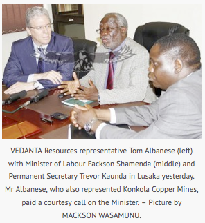 Albanese with Zambian government ministers on behalf of Vedanta in 2014