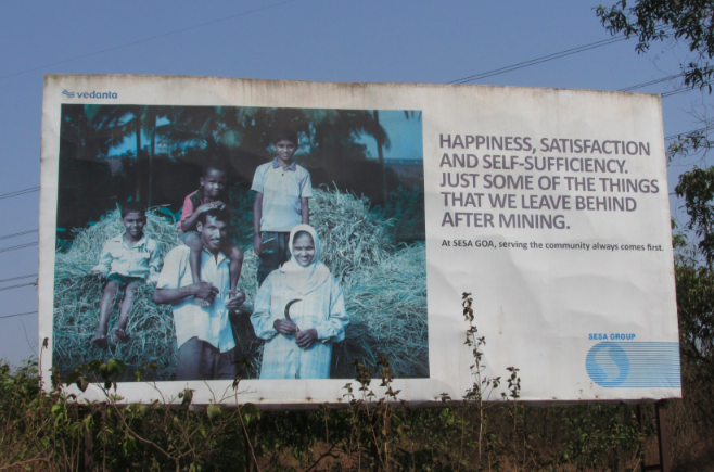 One of Vedanta iron ore mining subsidiary Sesa Goa's CSR posters in Goa