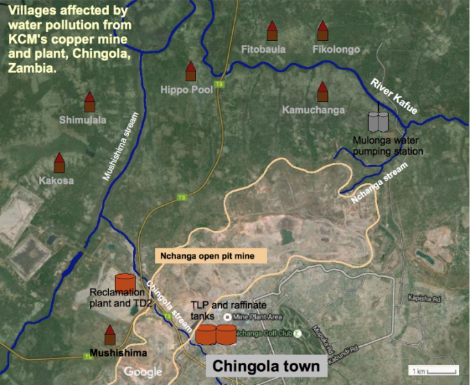 map of villages affected by KCM water pollution