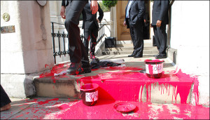 Red paint spilled in the entrance to Vedanta's 2012 AGM